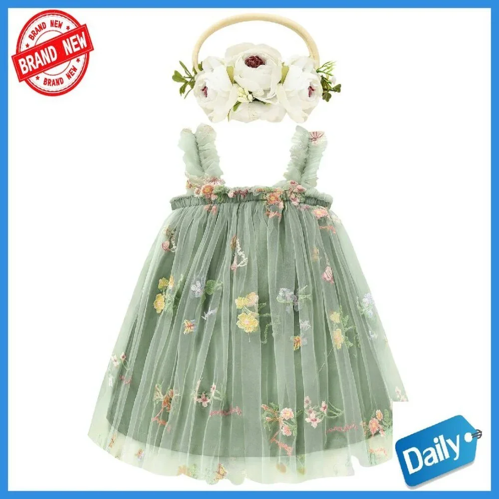 Toddler Girl Tutu Dress Sleeveless Floral Tulle Princess Dress with Headband
